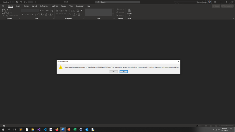 Photo of Microsoft Word 2019 throwing an unreadable content error.