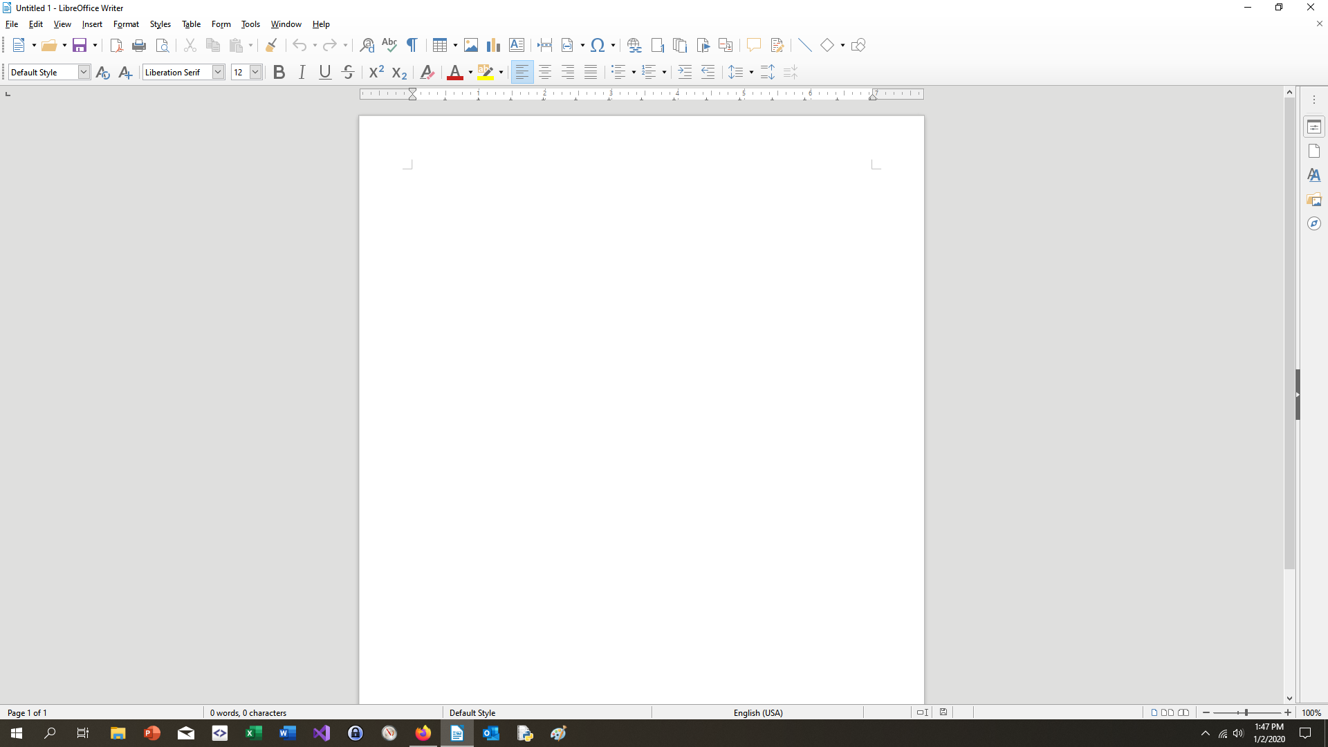 A photo of LibreOffice Writer with a blank document open.