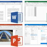 All four main Office 2016 apps shown at once: Word, PowerPoint, Excel, and finally Outlook.