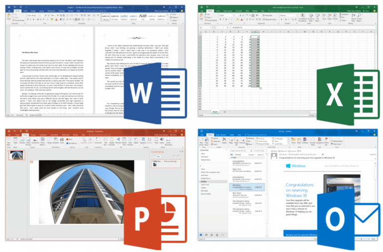 All four main Office 2016 apps shown at once: Word, PowerPoint, Excel, and finally Outlook.