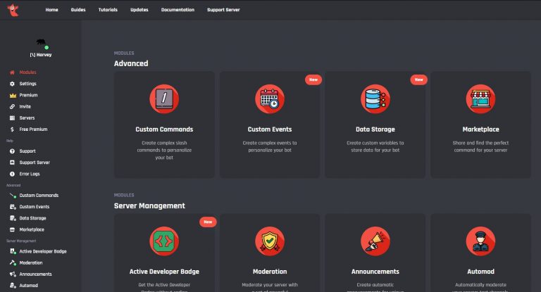 The BotGhost dashboard for my bot Harvey